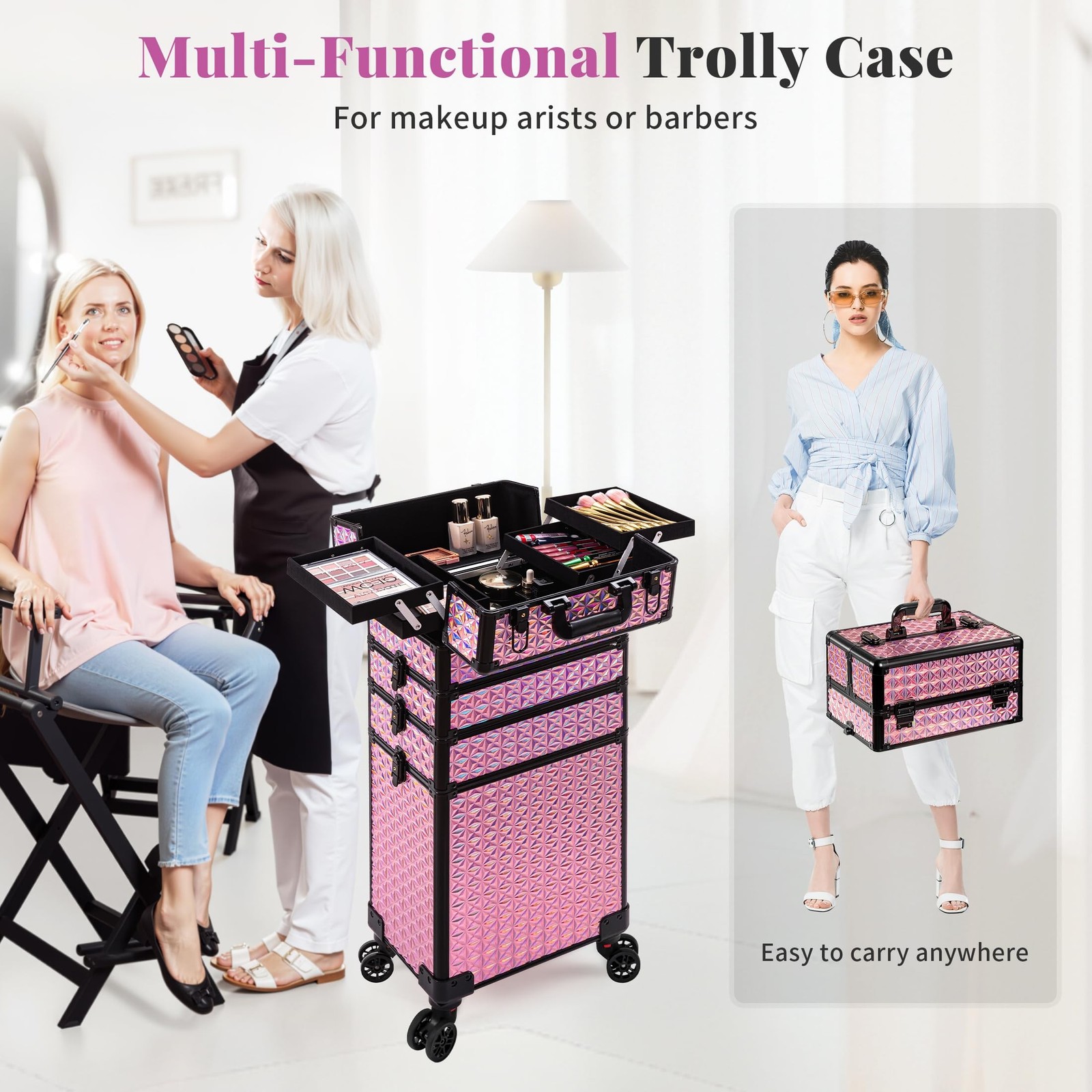 AROUS 5 in 1 Rolling Makeup Train Case Cosmetology Case on Wheels Large Cosme…