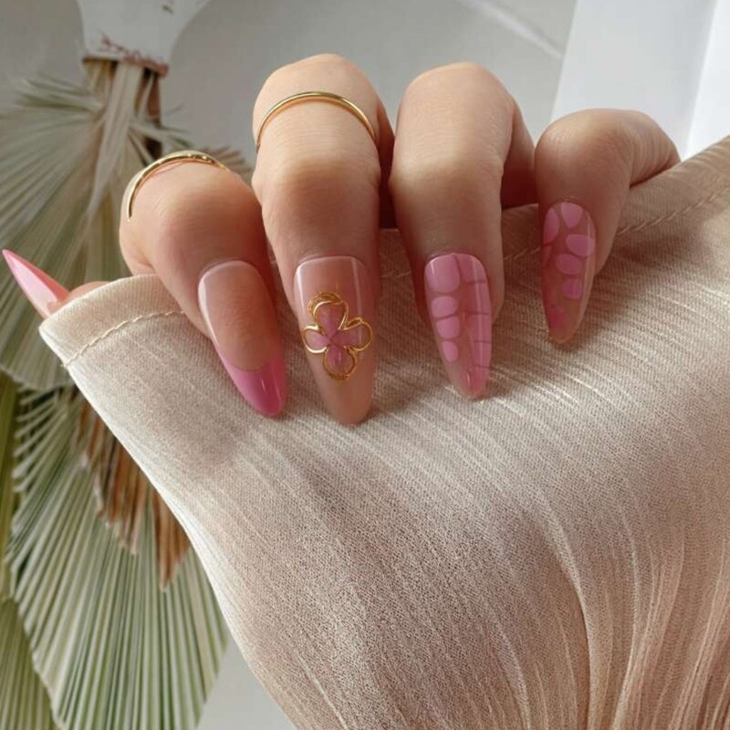 24 Pieces Medium Length Press On Nail with 3D Flower Artistic Designs False Nail