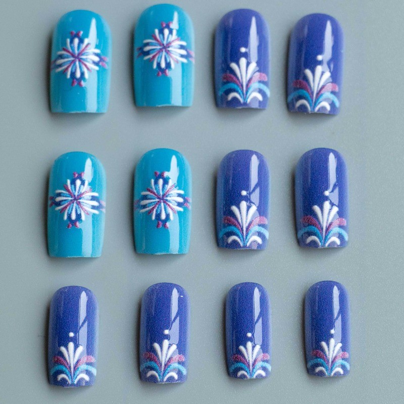 48pcs-Purple Blue Boho Press on Nails, Short Square Mandala Design Fake Nails