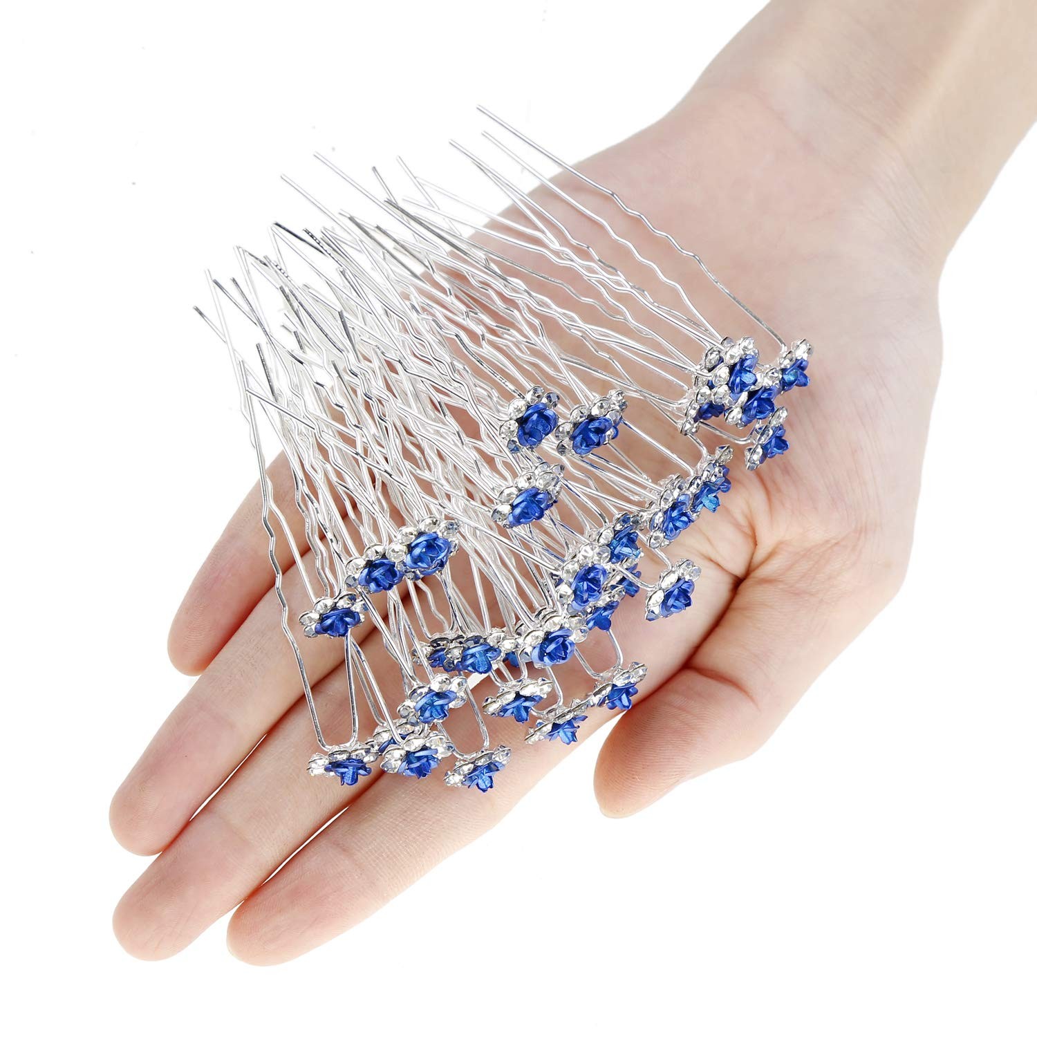 BETITETO 40 Pcs U-Shaped Flower Rhinestone Hair 40 Count (Pack of 1), Blue