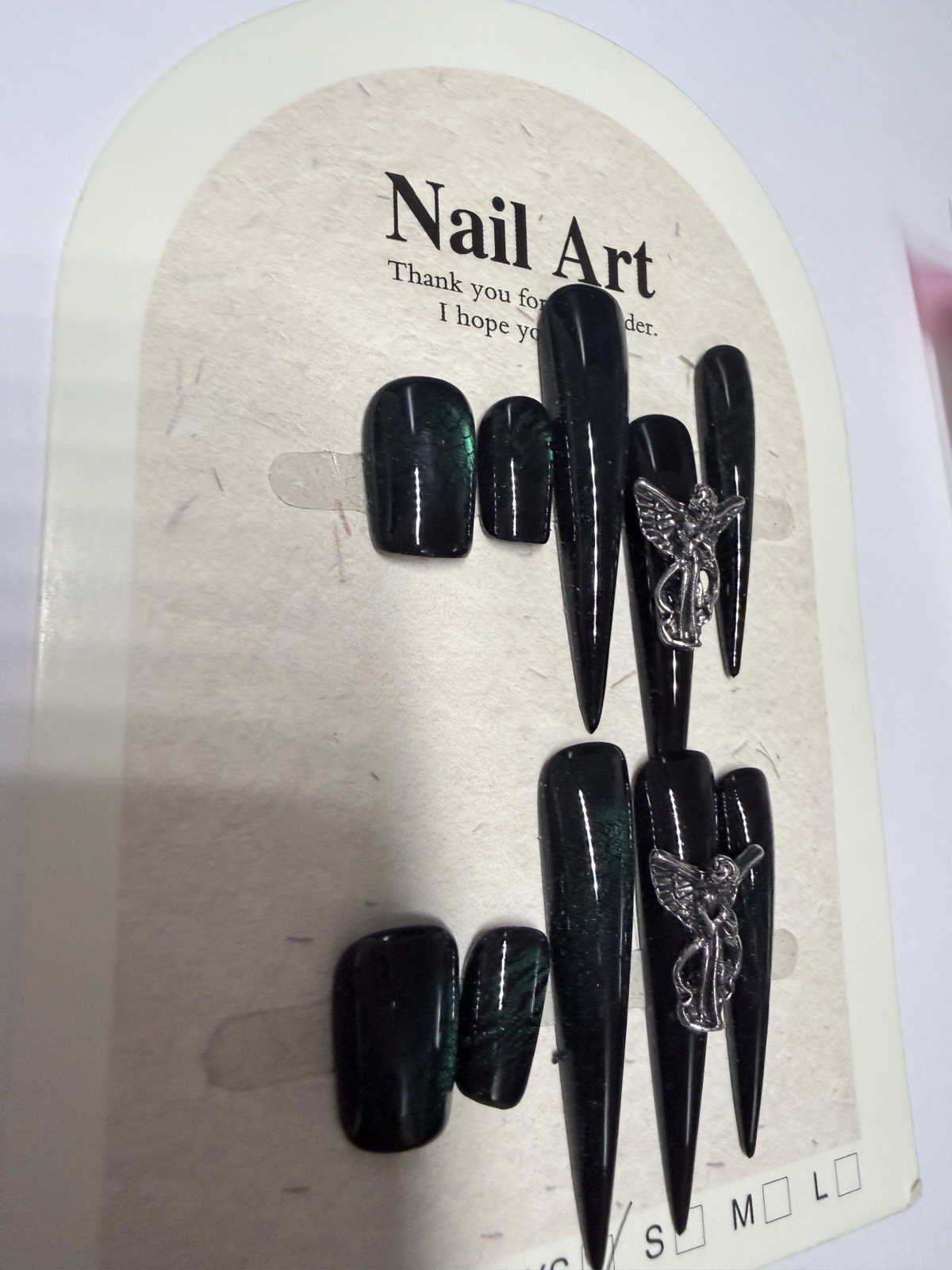XS SIZE Long Shiny Black & Green 3D Angel Stiletto handmade Press-On Nails