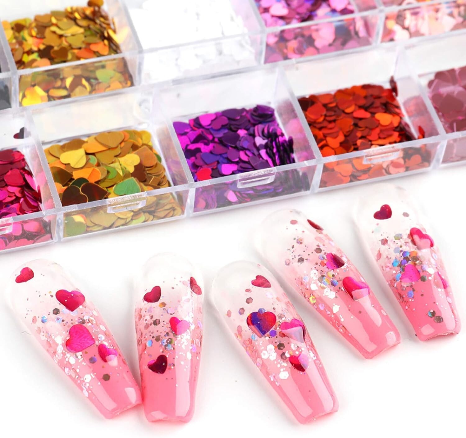 12 Grid 3D Love Heart Nail Art Glitter Holographic Laser Chunky Face Body Tattoo