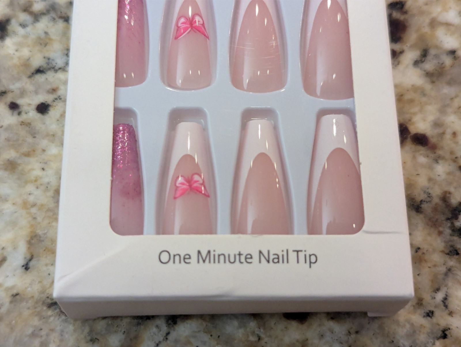 Press On Nails One Minute Nail Tip #394 Long Pink French Tip Butterfly 24ct