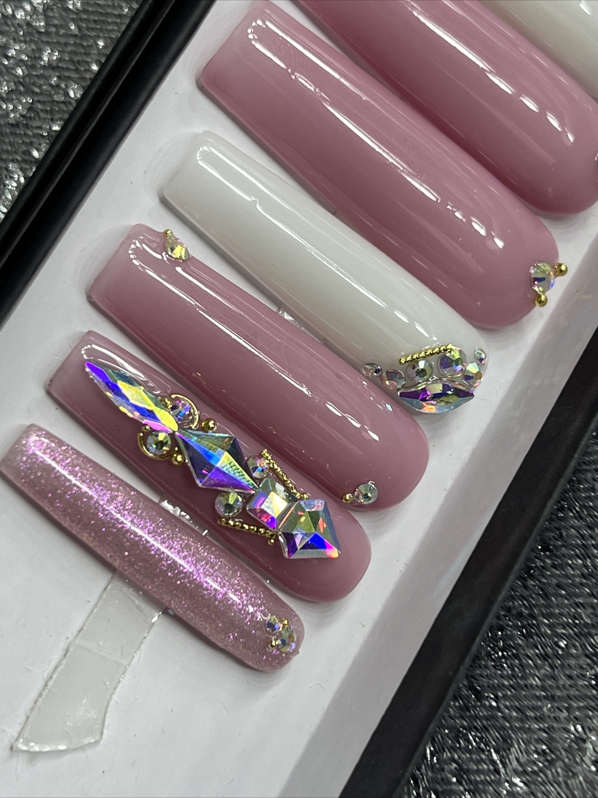 🍒 CUSTOM Gel Press On Nails, LILAC BLING ARIES , 10p FULL SET W Kit LONG SQUARE