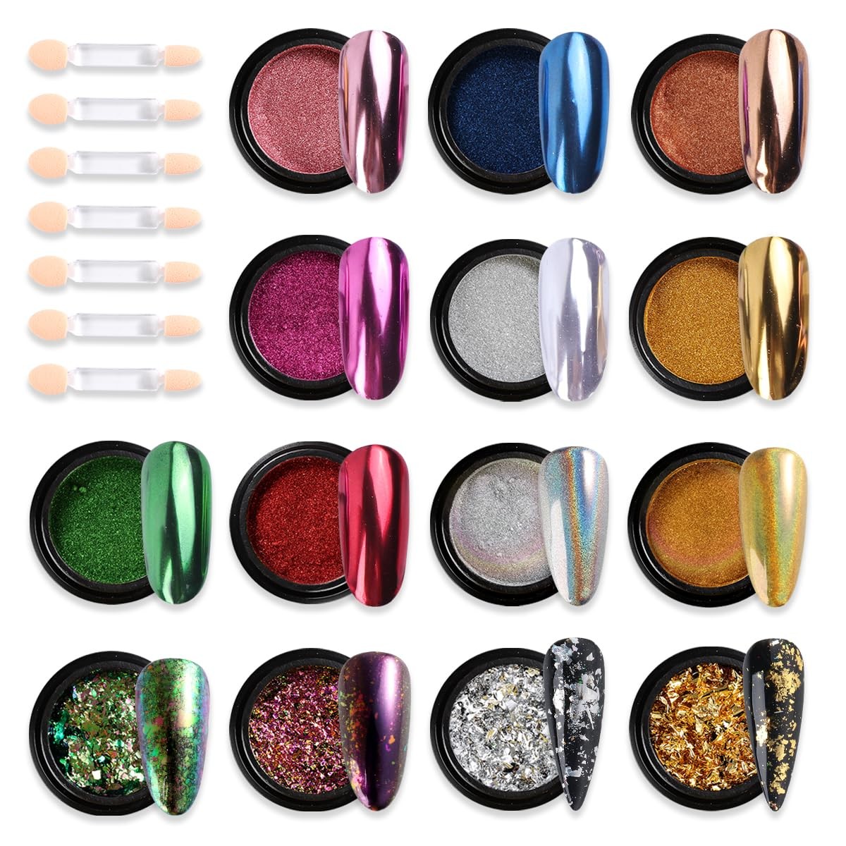 Chrome Nail Powder Set 14 Colors Pink Blue Silver Metallic Effect Mirror Powder