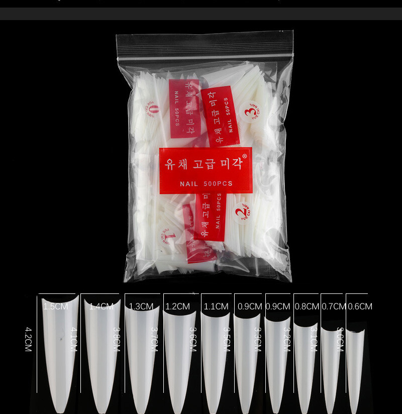 500 Pcs Long Stiletto Pointed Nail Tips False Full Cover Acrylic Curved 10 Sizes