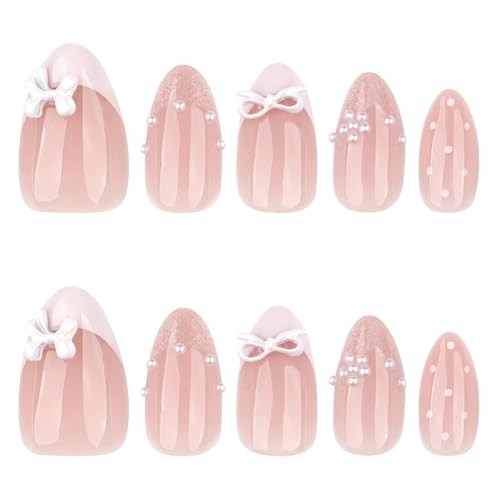 24pcs White French Tip Press on Nails Short Almond Fake Nails with Pink Bow -6