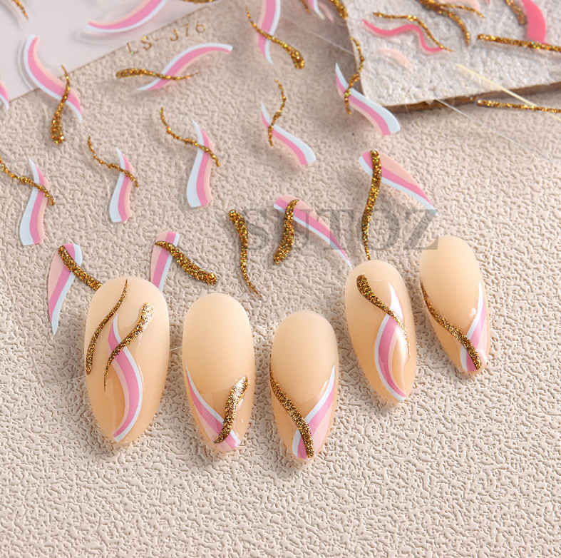 Golden Glitter French Lines Nail Stickers – Curve Wave Swirls, Pink Stripe NH22