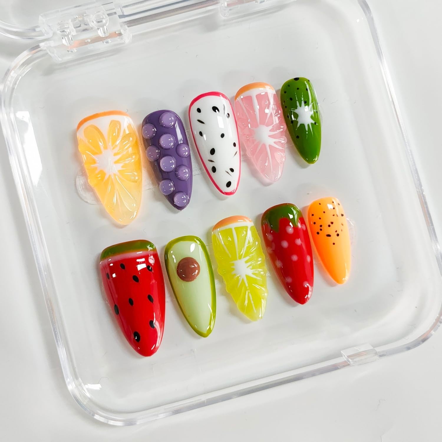 3D Fruit Almond Press-On Nails – Medium Length Cute Thick Acrylic Fake Nails, 10