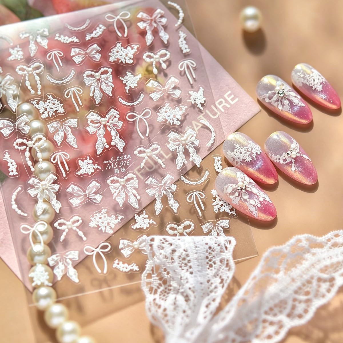 5D Raised Embossed Nail Stickers White Pearl Bow Lace Y2K Nail Art Stickers S…