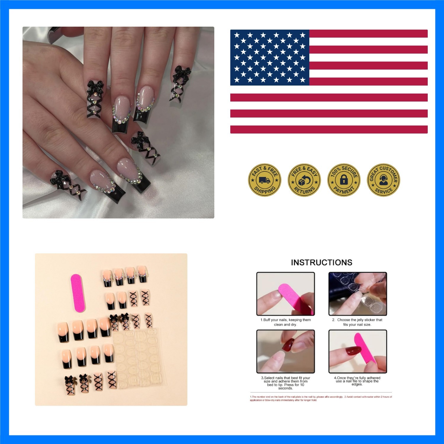 24pcs Long Press on Nails Square French Tip Fake Nails with Bow Charms Design…