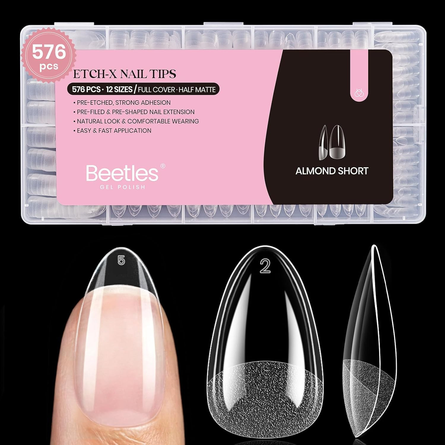 Gel Nail Tips 576Pcs Short Almond Etch-X Nail Tips 12 Sizes | Pre-Shape Soft Acr