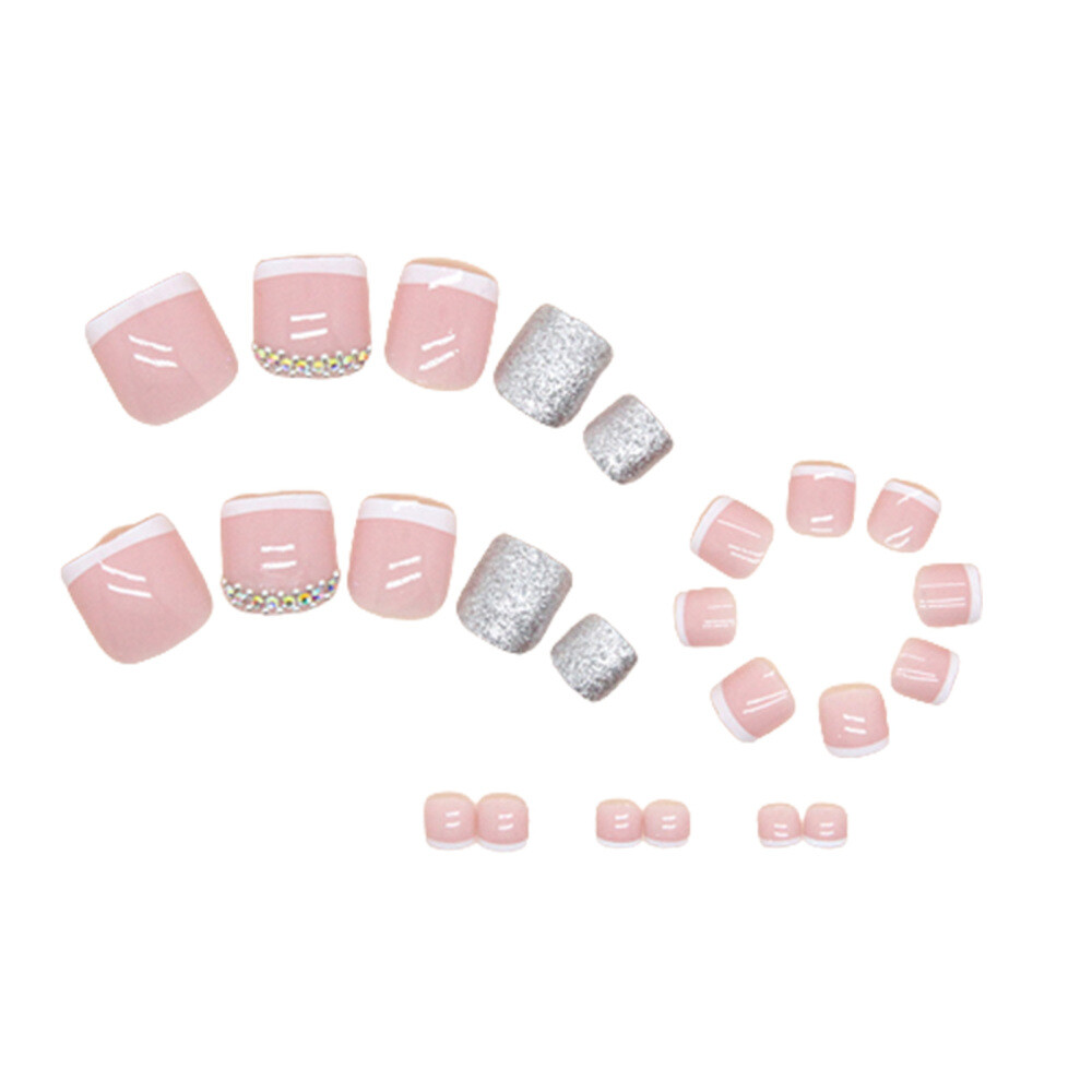 24X French False Toes Nails Gel Art Super Dazzling Glossy Square Fake Toenails