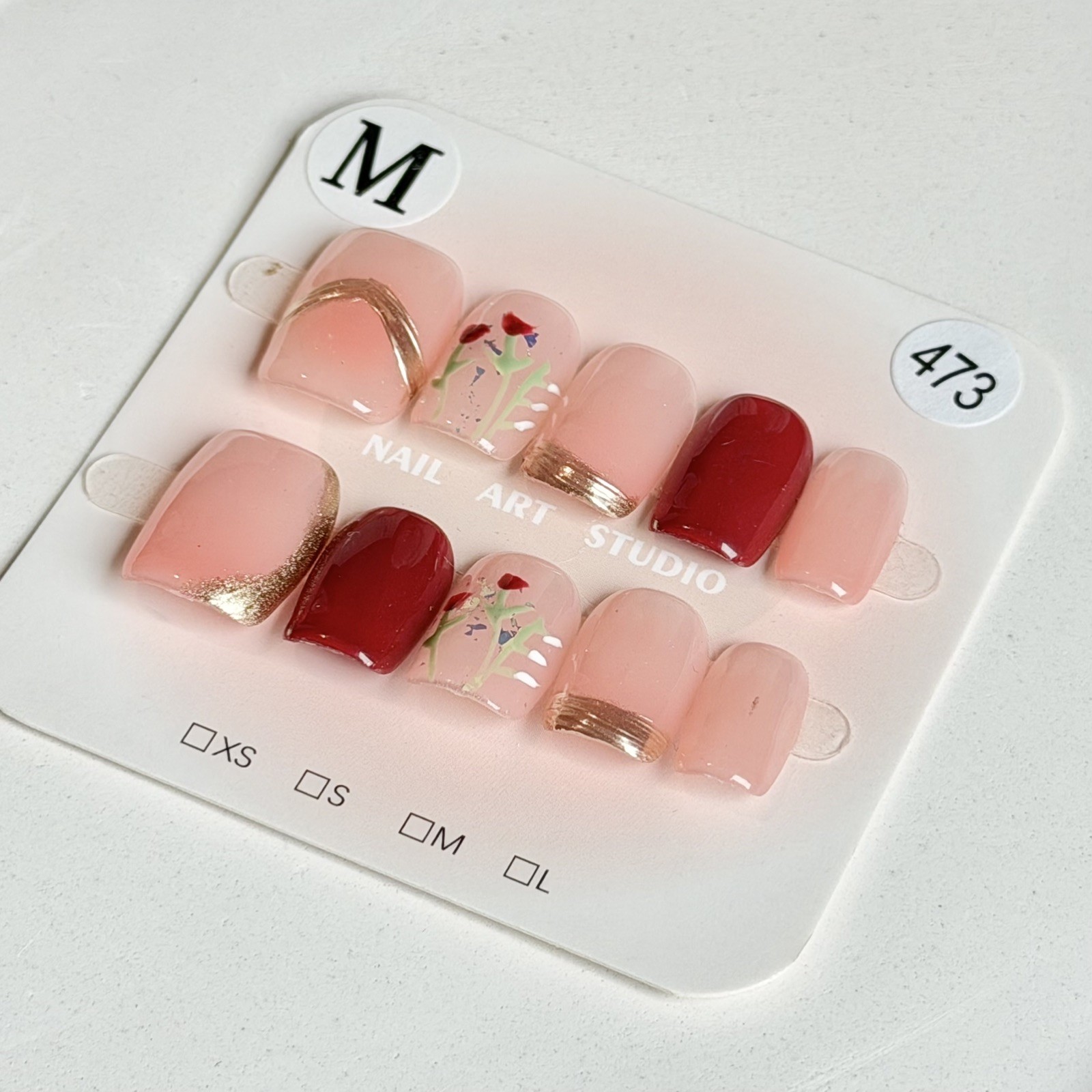 Handmade Pink Red Flower AB Press-On Nails Short Square Size M Reusable 473