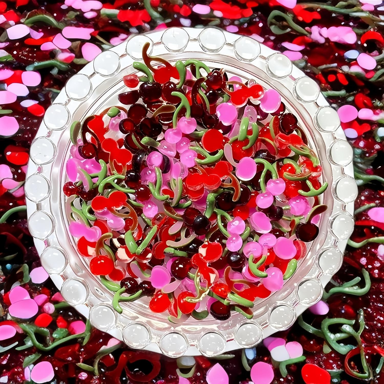 150PCS 3D Cherry Nail Charms and Rhinestones for DIY Nail Art Supplies