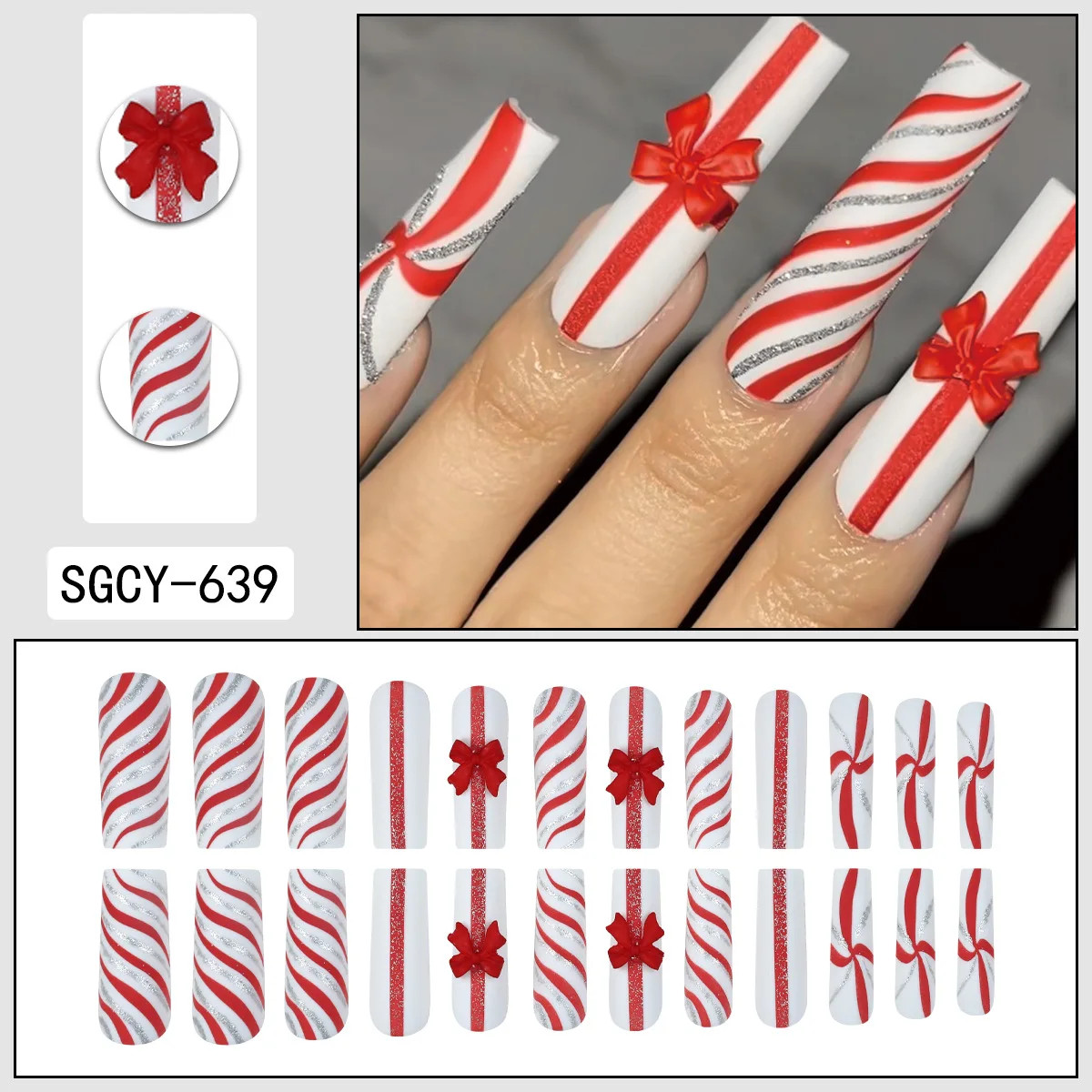 24Pcs Christmas Red Bow Snowflake Coffin Ballet Press On Nails