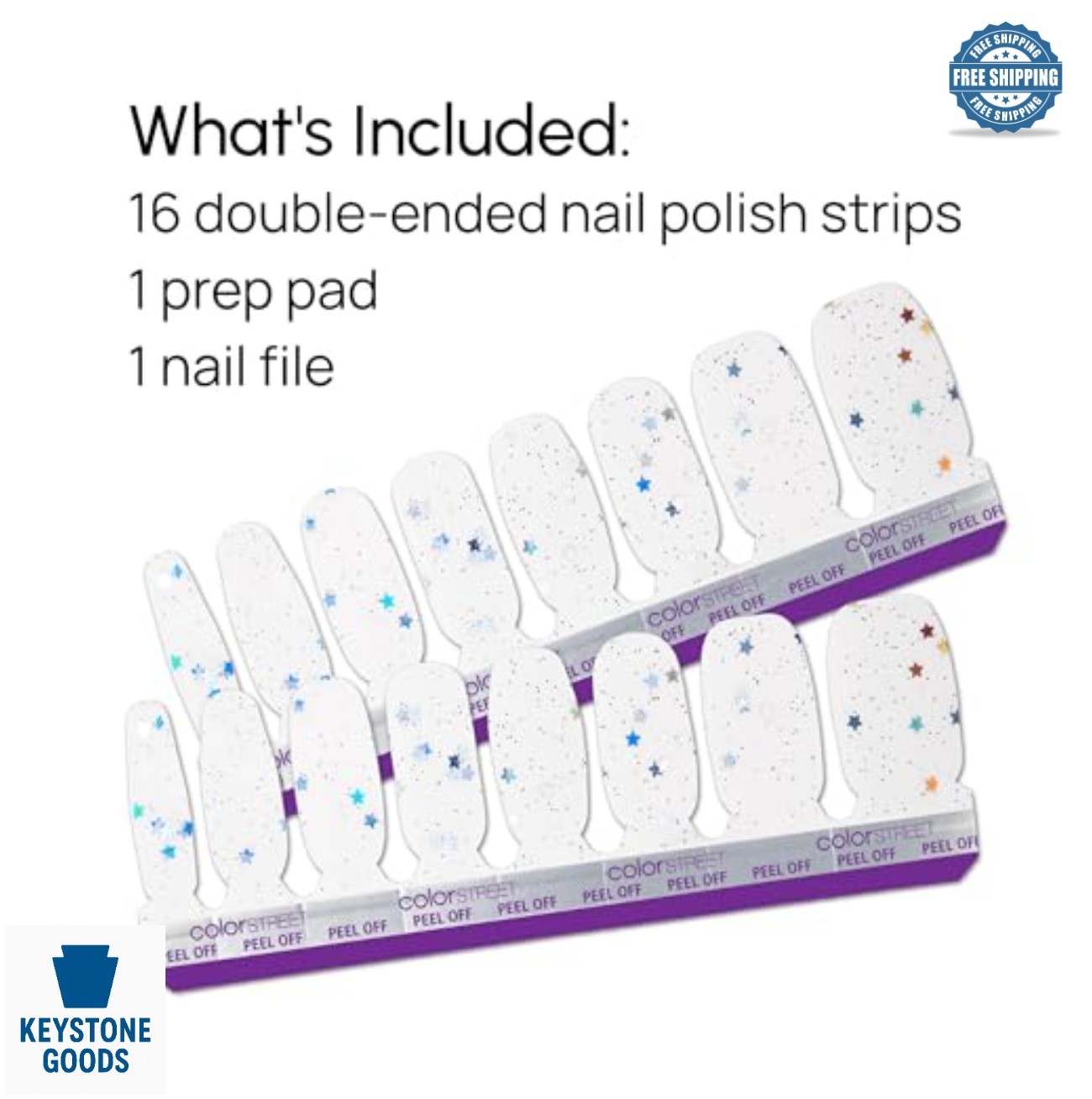 Nail Art Strips 16 Double-Ended Holographic Star Clear Glitter Overlay Peel