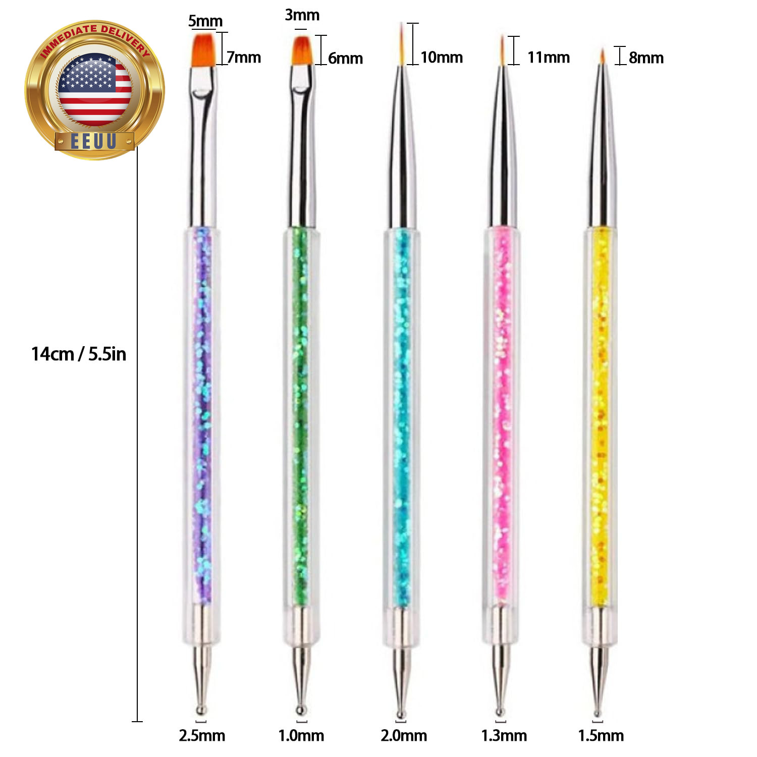 Nail Art Brushes, 5Pcs Double-Ended Acrylic Nail Brush Including 7/9/11Mm Nail L