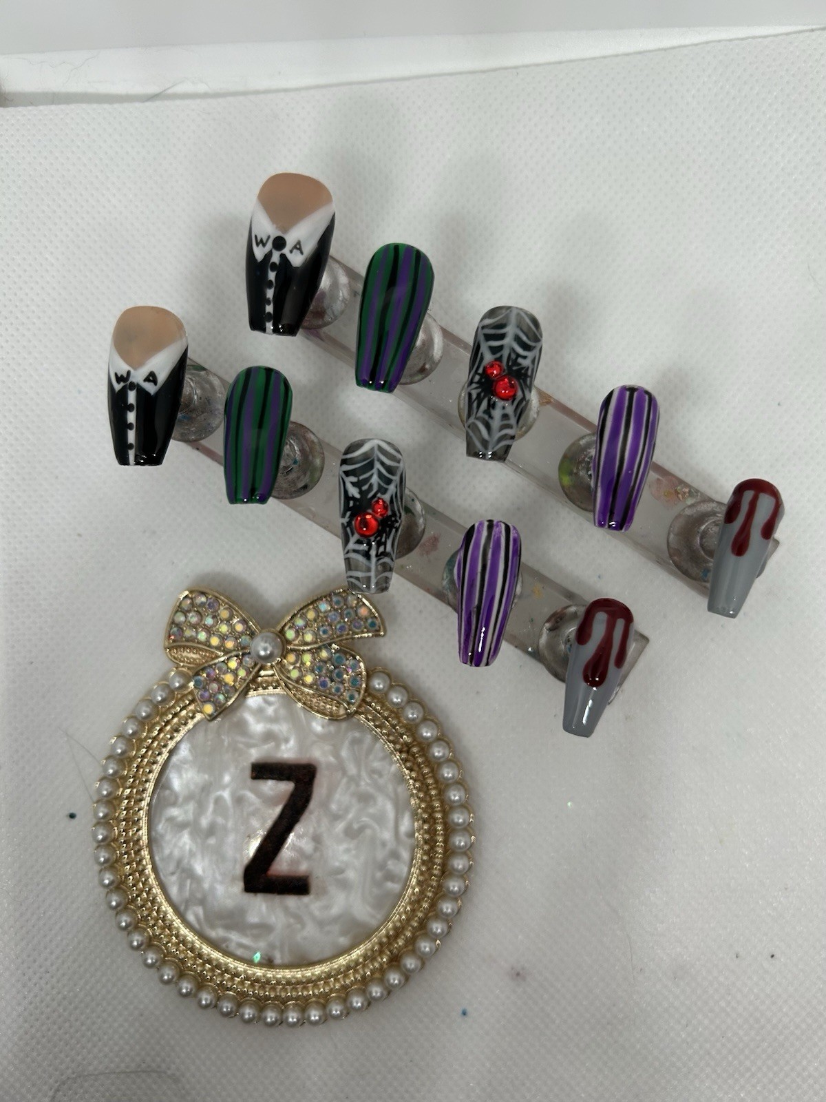 Z NAILZ! Handmade M Coffin Wednesday Adams Halloween Multicolor Press On Nails