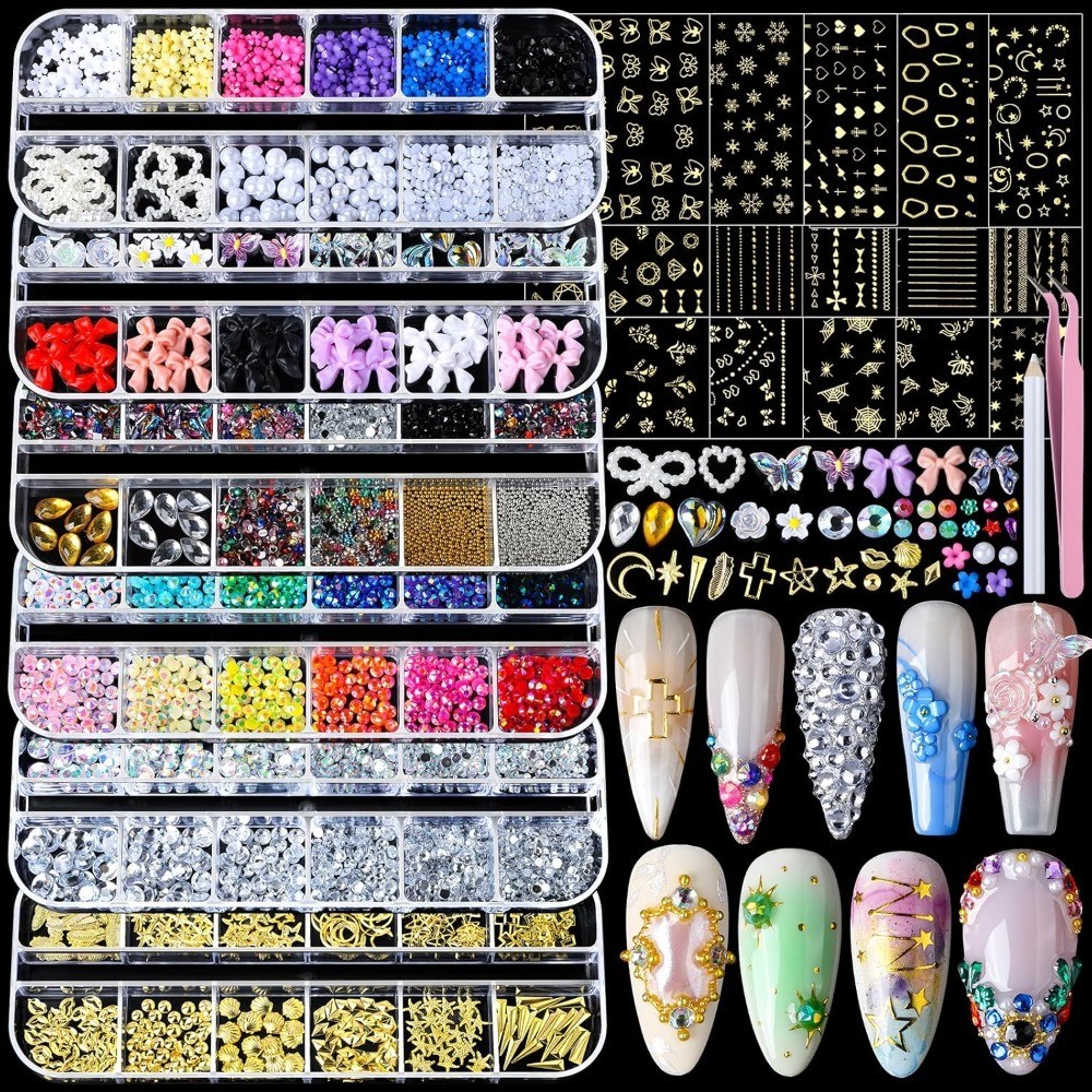Nail Charms Nail Gems with 15 Sheets Gold Nail Stickers, 6 Boxes of Rhinestones