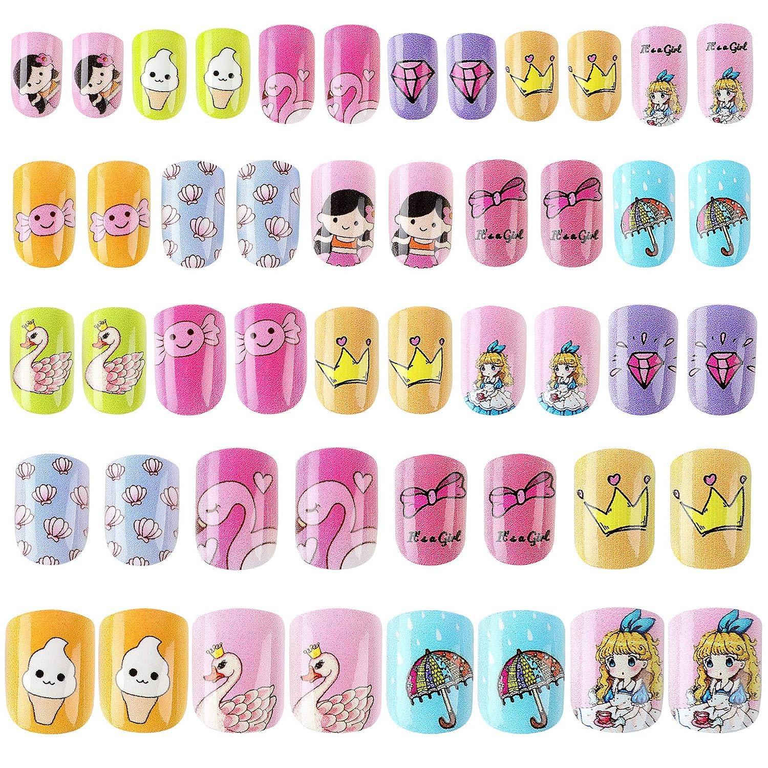 Press on Nails Kids Girls Fake Nails Pre Glued Stick On Cute Nail Art Full Cover