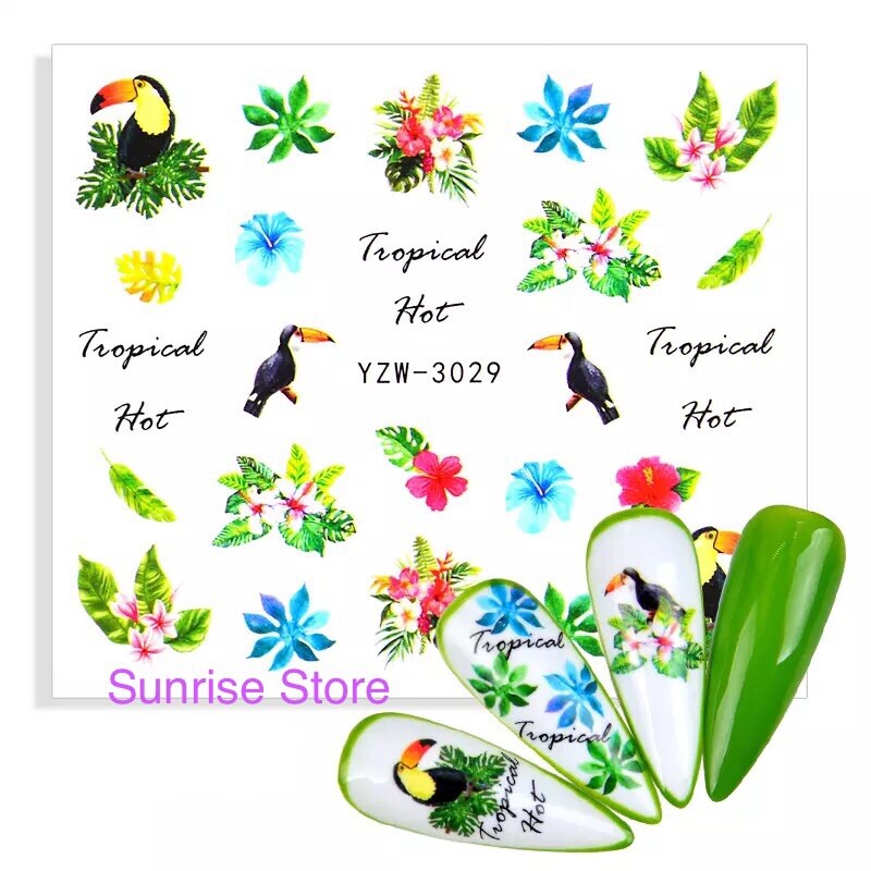 Nail Art Water Transfer Sticker Tropical Flower Hibiscus Plumeria Toucan Decals