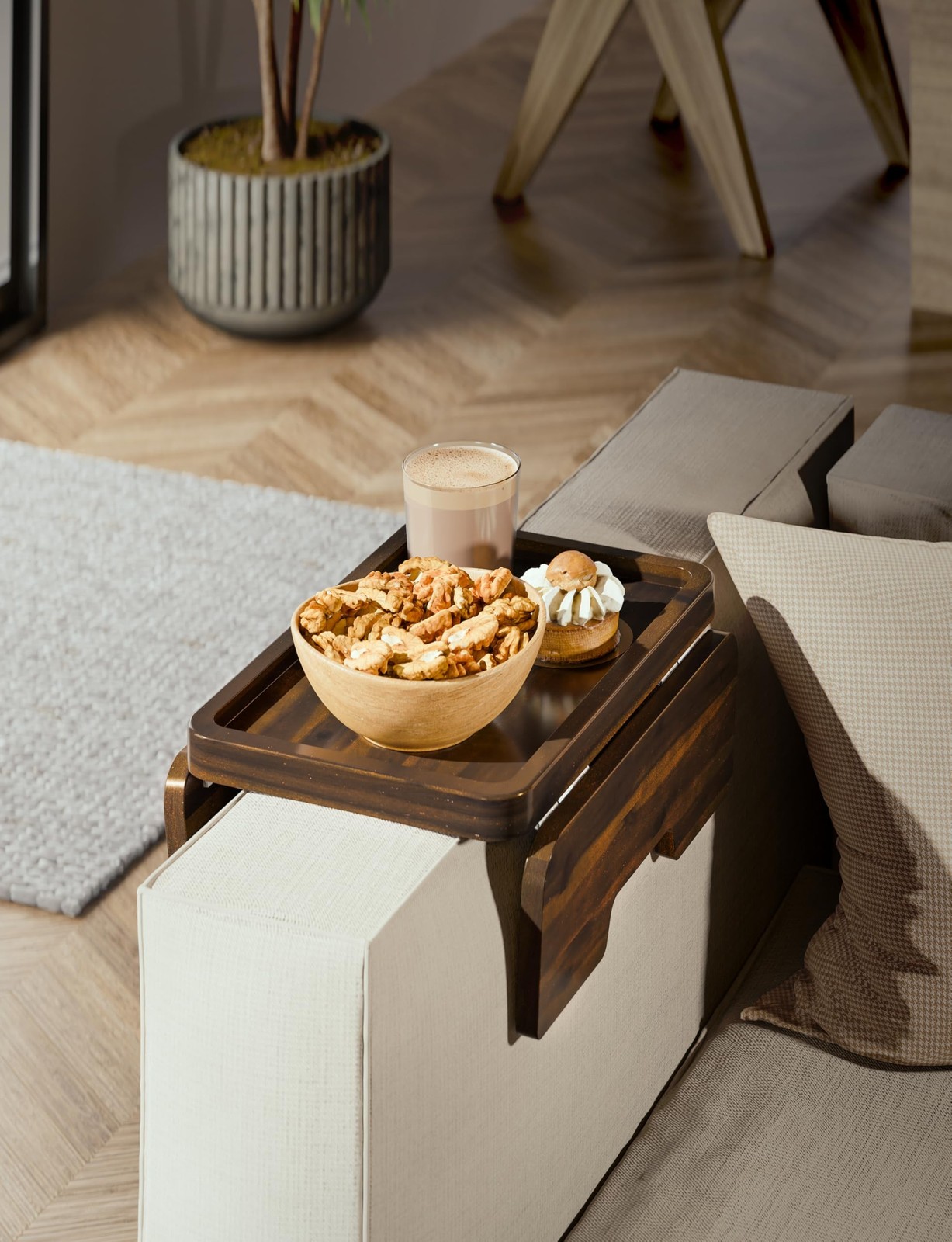 HOLANA Acacia Couch Armrest Table with 360° Rotating Phone Holder, Wooden C
