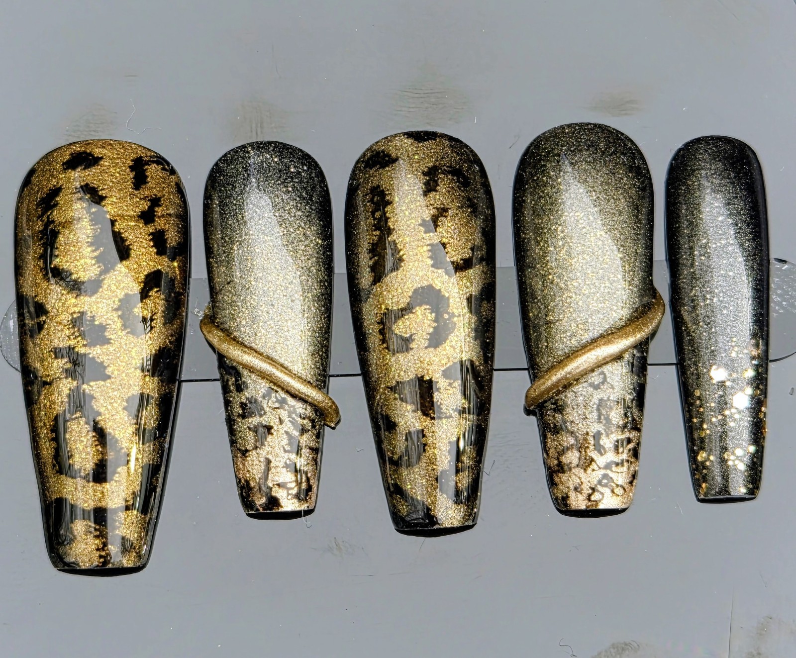 Gold Black Glitter Leopard Coffin Press-On Nails Pre-Designed Full Cover