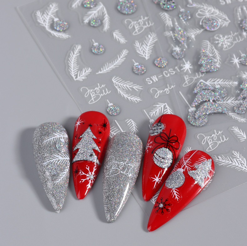 3D Glitter Christmas Snowflake French Feather Nail Art Sticker Manicure DIY NH22
