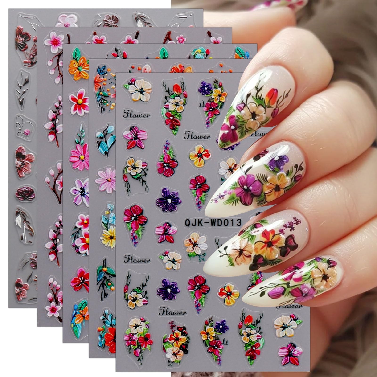 6 Sheets Flower Nail Art Stickers Decals Self-Adhesive Spring Summer Floral