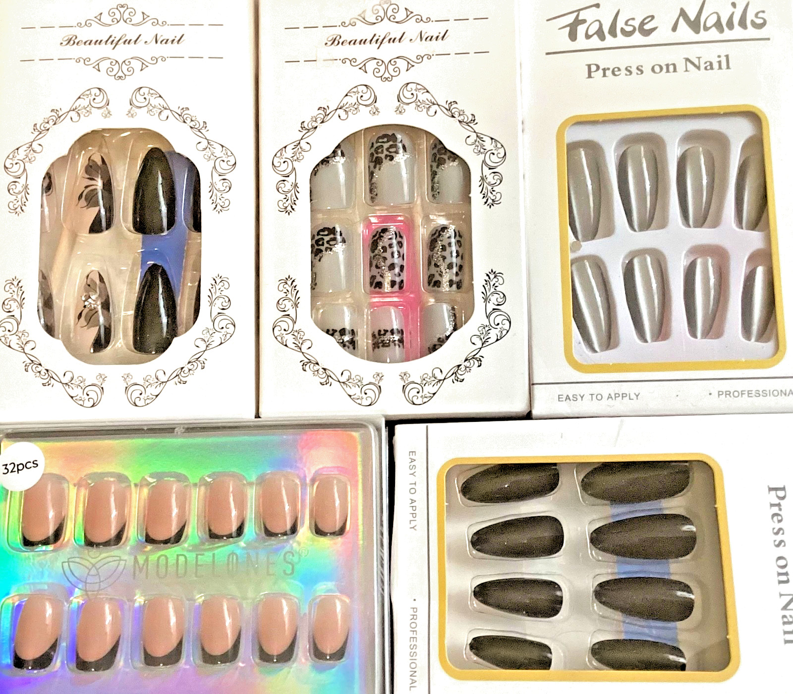 5 Nails Kits – GOTHIC Black Rhinestone Lace, Silver GLITTER French, WEDNESDAY +