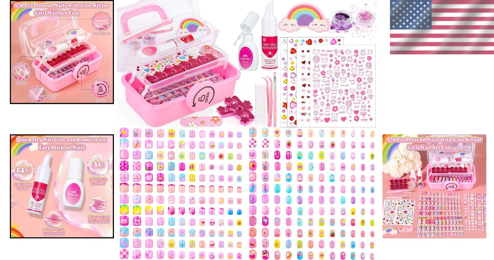 576 Pcs Girls Nail Art Set with Remover & Tweezer