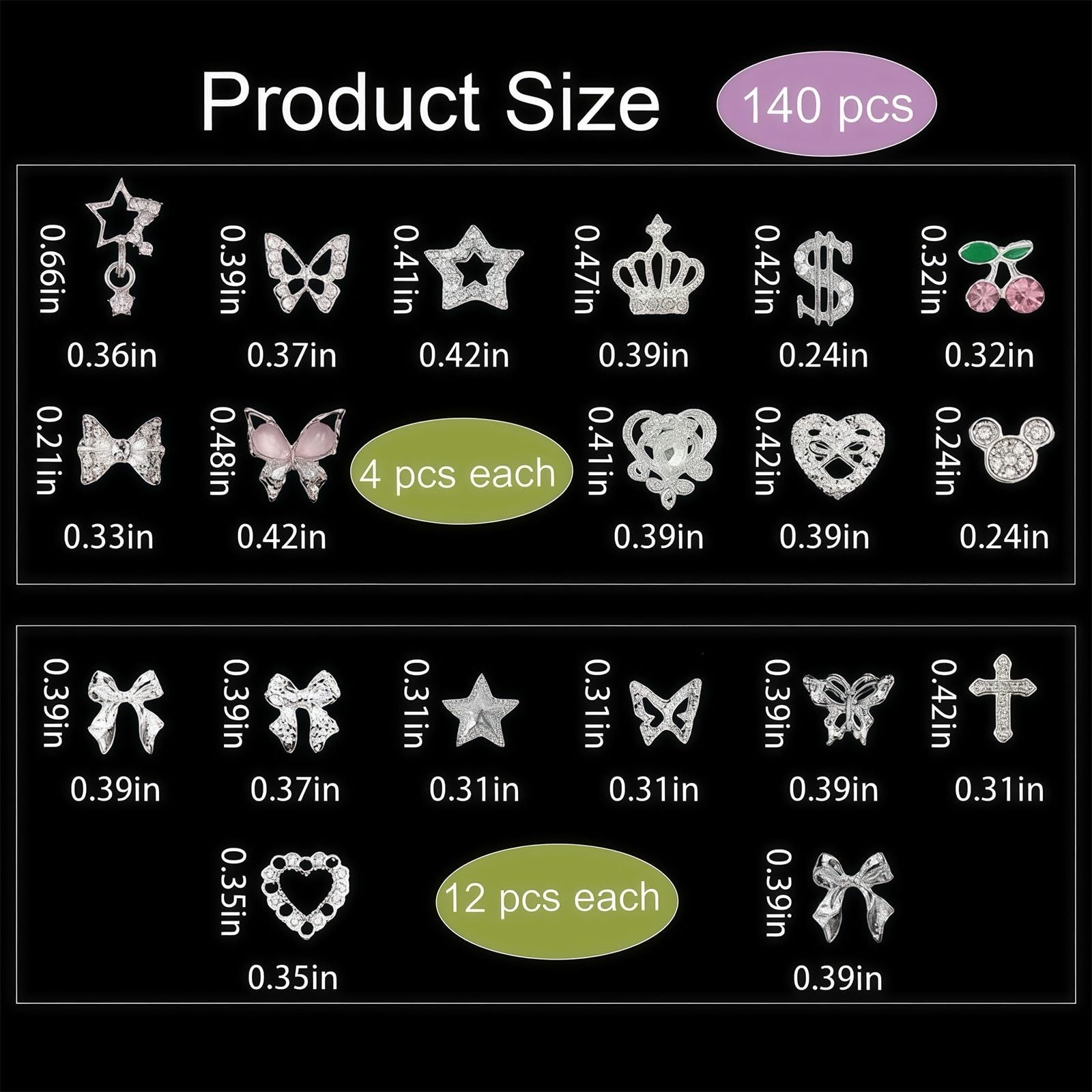 140 Pcs 3D Nail Charms Silver Butterfly Bow Crown Star Rhinestone Set for Acr…