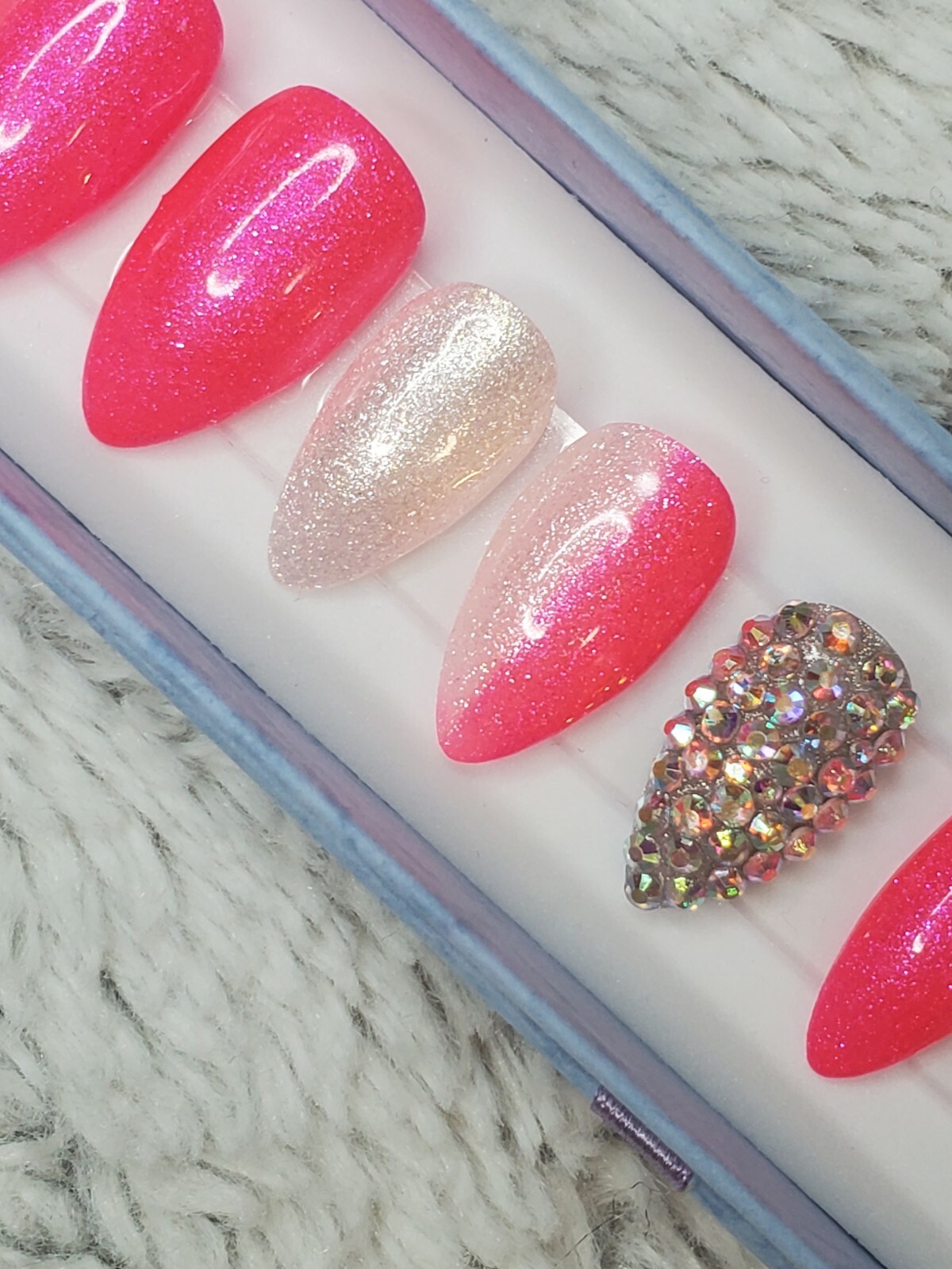 Neon hot pink Bling glitter short stiletto diamond press on nails barbie ombre