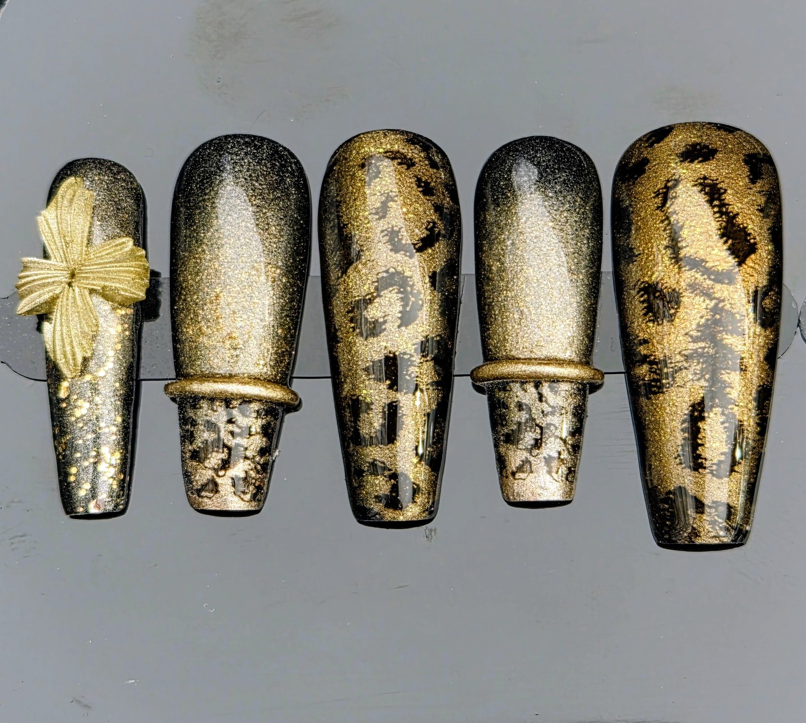 Gold Black Glitter Leopard Coffin Press-On Nails Pre-Designed Full Cover