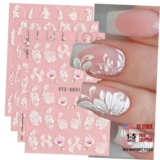 5D Spring Embossed Flower Nail Art Stickers 4 Sheets Real Self-Adhesive