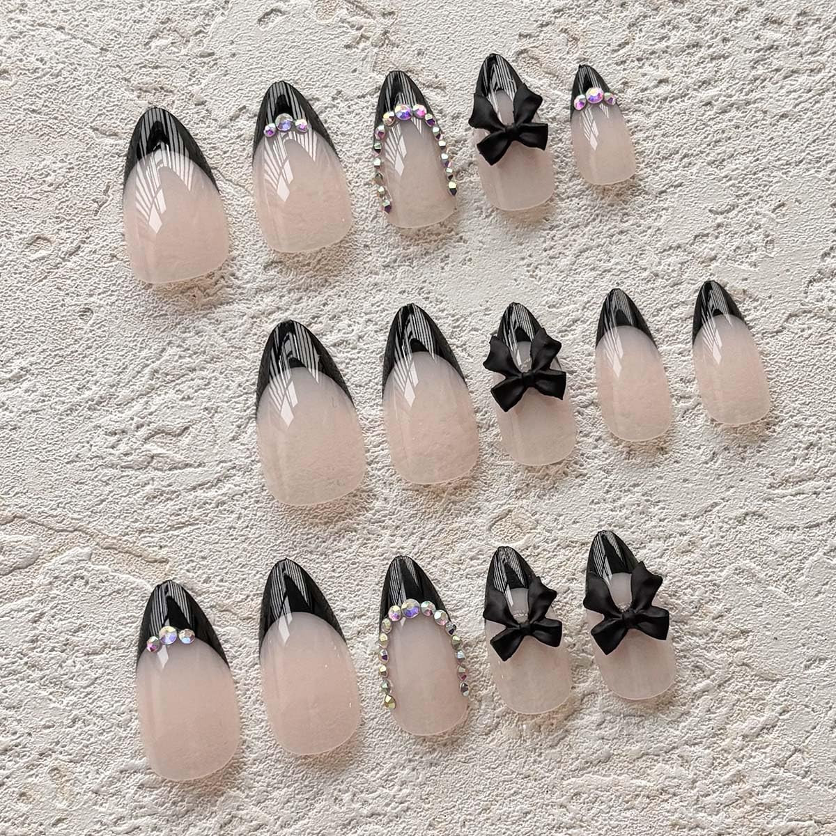 Black French Tip Press on Nails Medium Almond Fake Nails Rhinestone with Bow Des