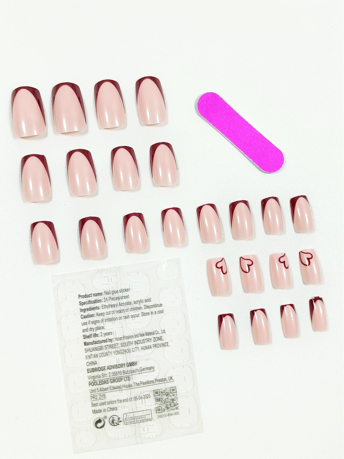24pcs/set Square Red French Nails with Red Heart False Nails Press On Nails Glue