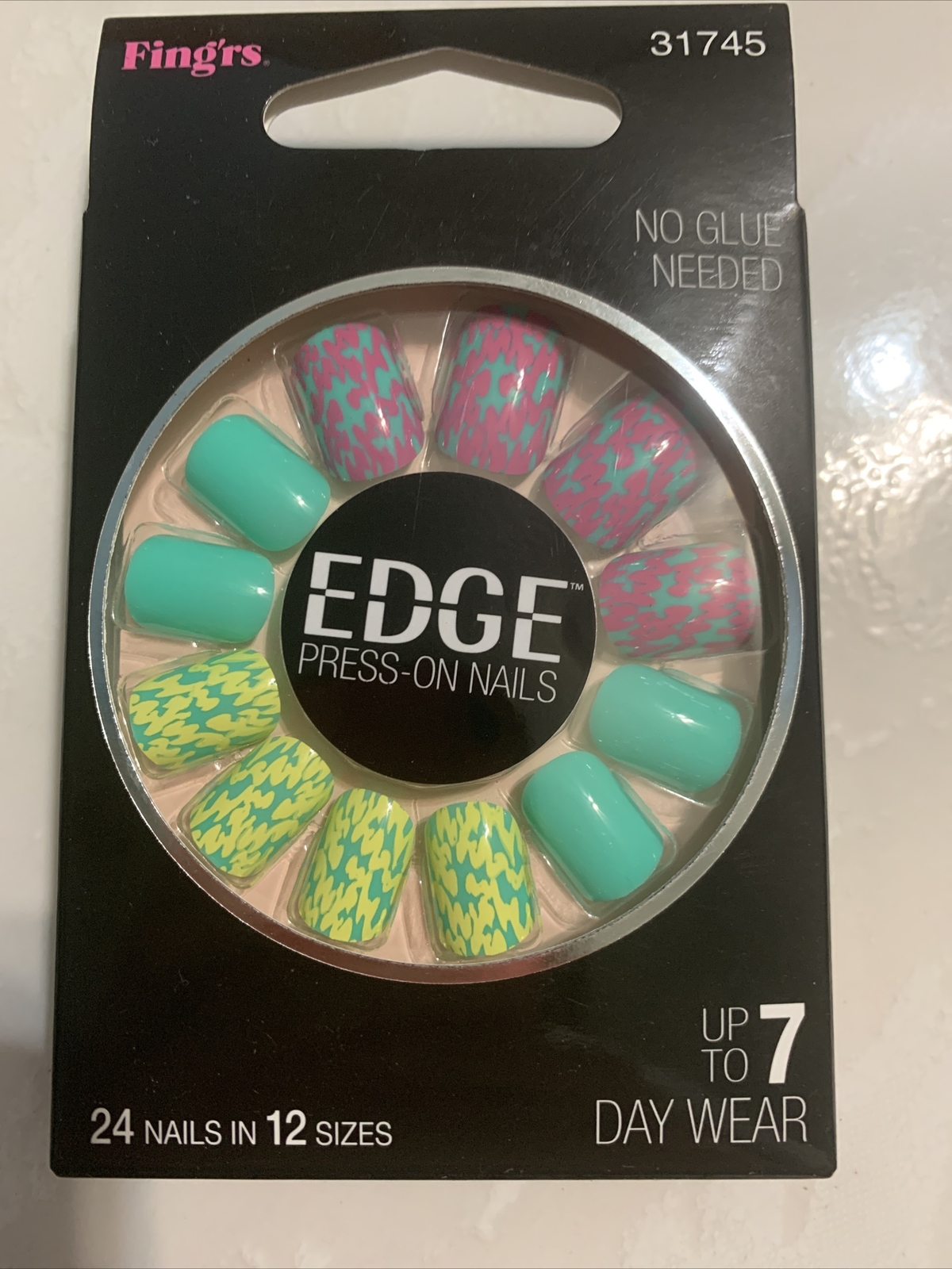 Pink Green Yellow Edge Press on Nails Adhesive Glue 24 Nails Short Round