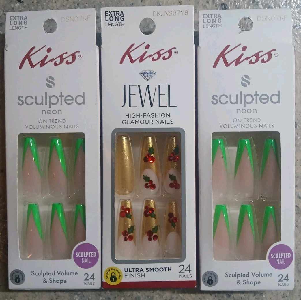 Lot Of 3 Kiss Nails 2 Boxes Of Sculpted Neon & 1 Box Of Jeweled Gingerbread