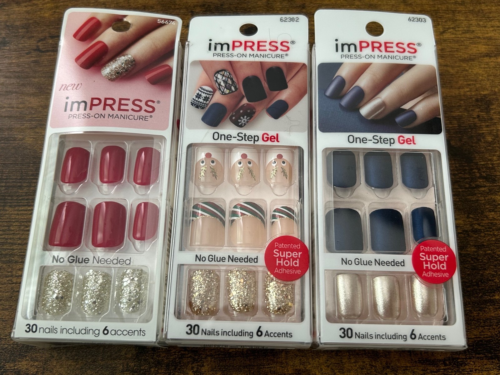 Kiss Nails Impress Press On Manicure Gel Red Silver Blue Sparkle Christmas 3PK