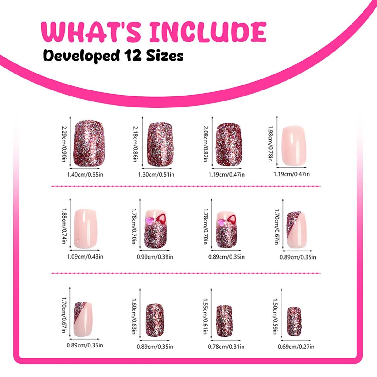 24Pcs Valentine’s French Tip Press on Nails Short Square Fake Nails Silver Gl…