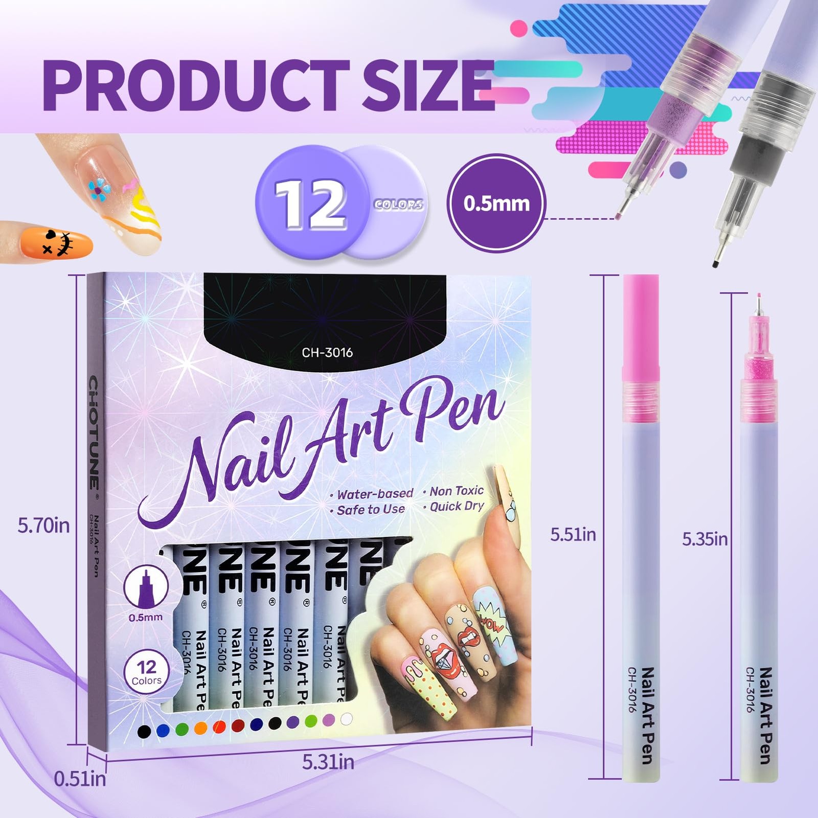 Nail Art Marker, 12Colors Nail Art Pens Set, 0.5MM Fine Line Nail Polish Pens…