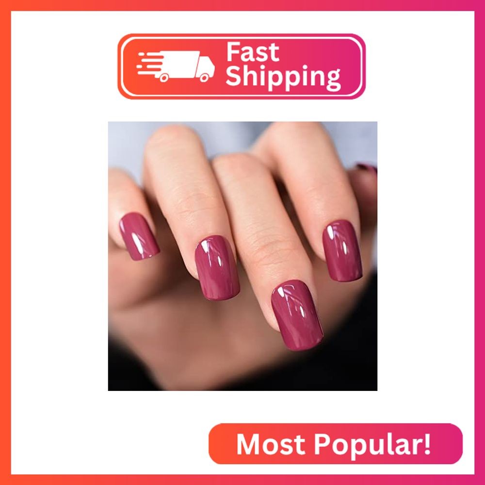 LINSSQ Glossy Dark Rose Pink Press on Nails,Short Squoval False Nails,Beauty Sol