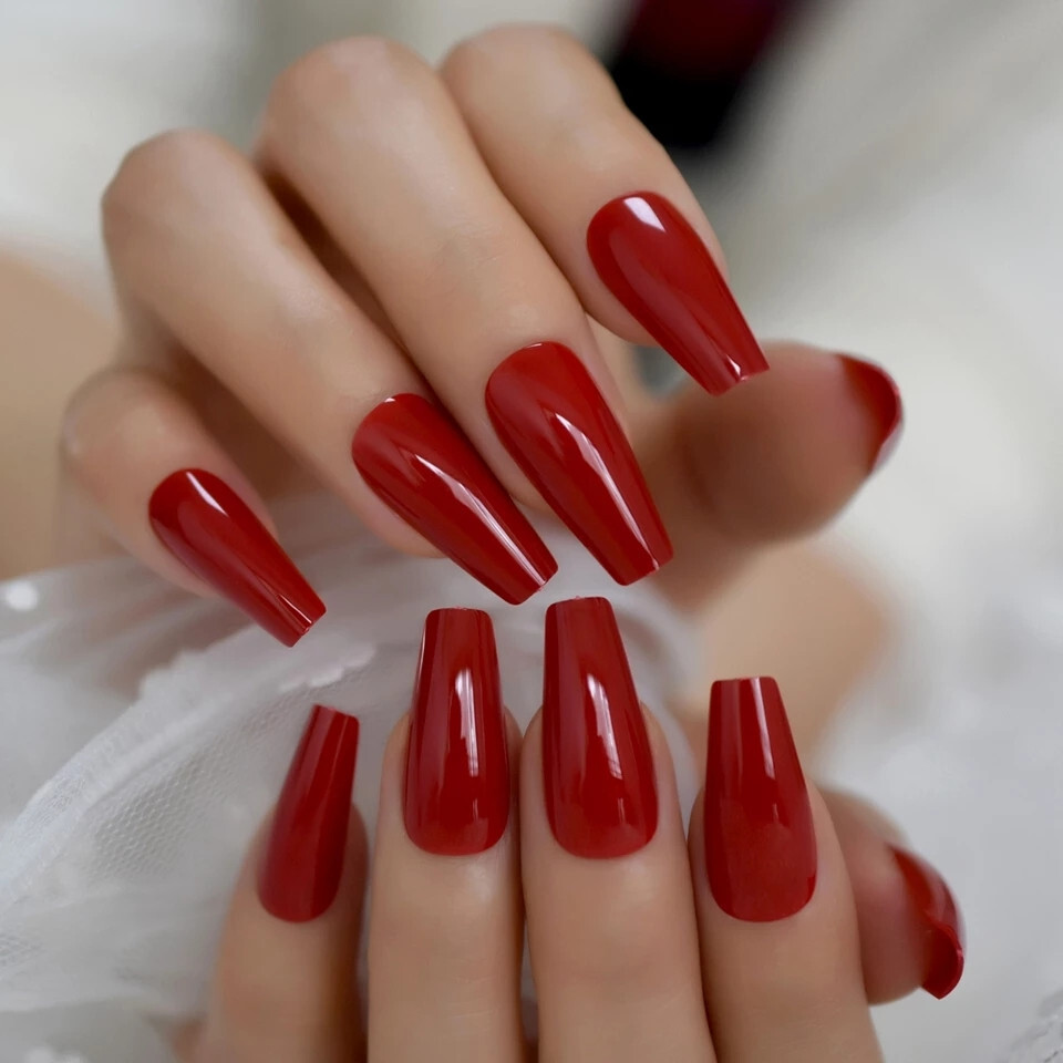 24 Press on nails kit w glue Long Coffin cherry red true