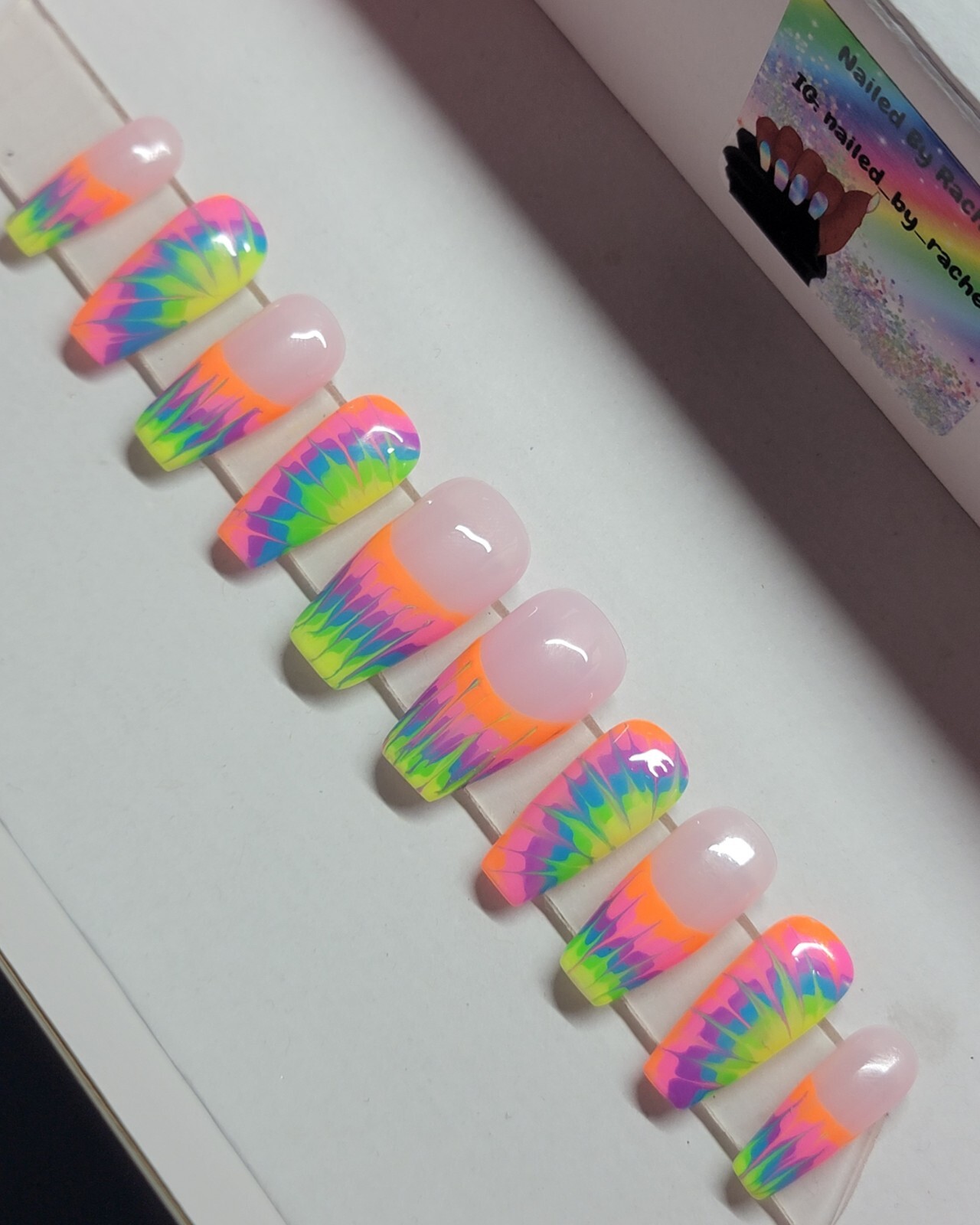 Rainbow neon tie-dye press on nails short coffin French tip pride nails