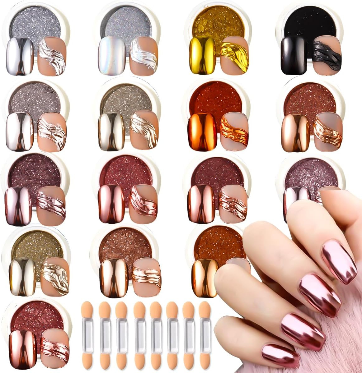 16 Jars Chrome Nail Powder for Gel Nails, Holographic Mirror Metallic Effect Fin