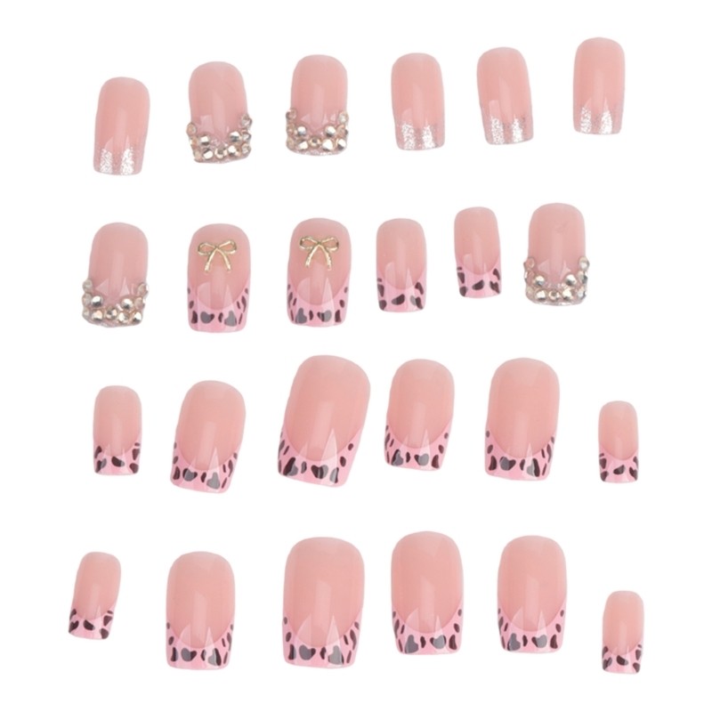 24 Pieces French Tip Nail Press On Nail Short Square False Nail With Rhinestones