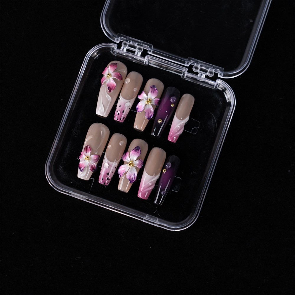 Handmade Press On Nails Purple Gradient Floral Rhinestone Long Coffin Fake Nails