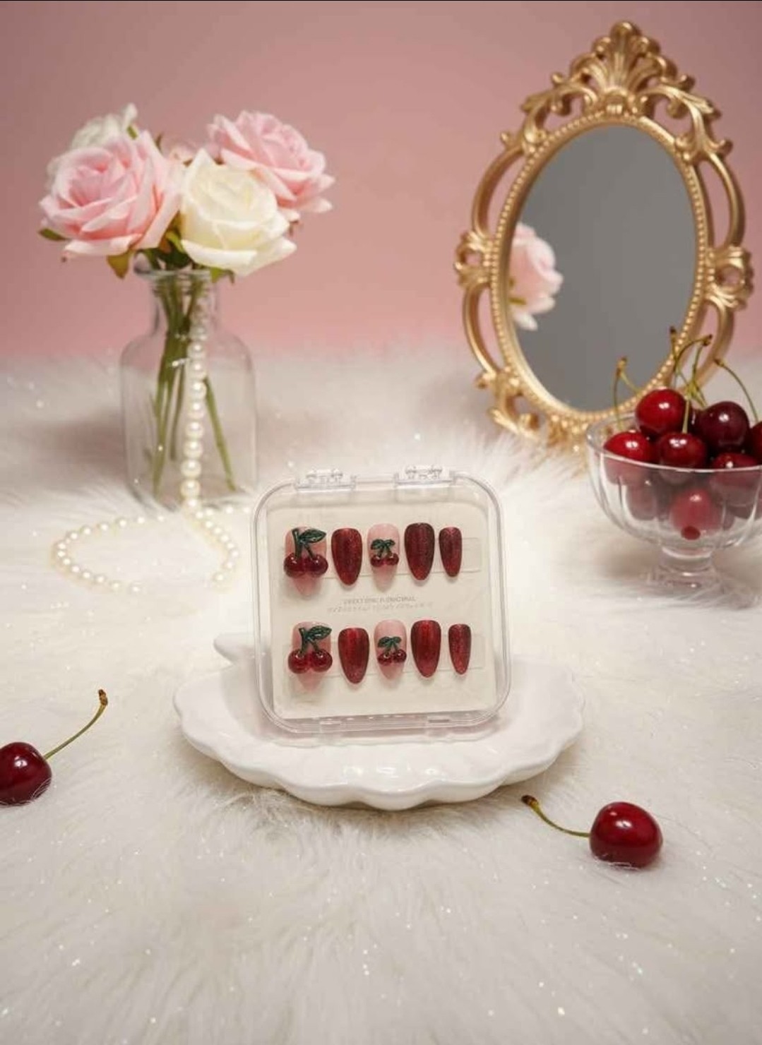 3D Cherry Press-On Nails Red Cateye Reusable Handcrafted Size: Small